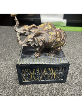 Vintage Elephant Brass Ceramic Box Crosses Jewelry Treasure Box 5" X 6" Decor